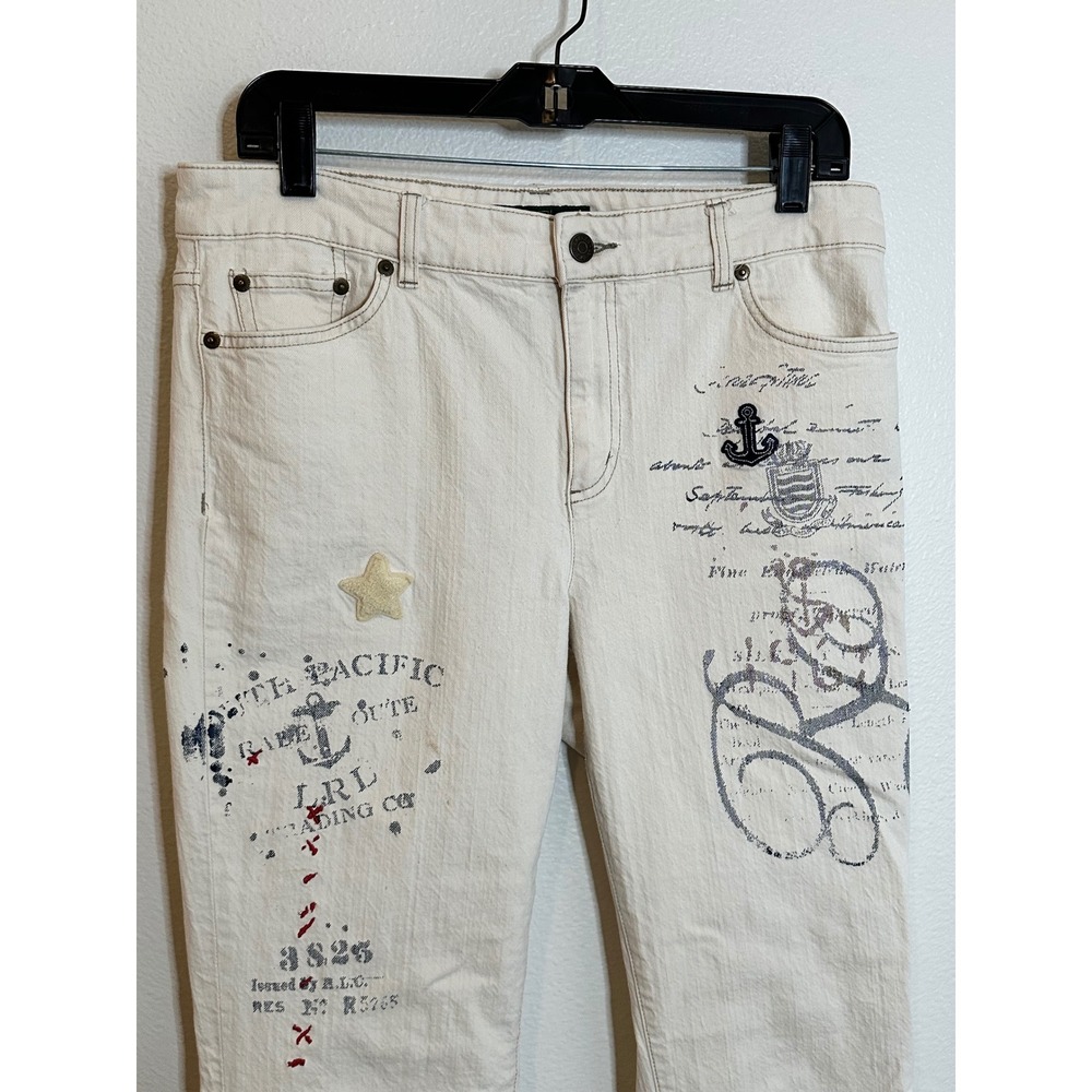 Lauren Ralph Lauren Jeans Co Nautical Print Straight Leg Jeans Size 10 Ivory - Picture 4 of 11